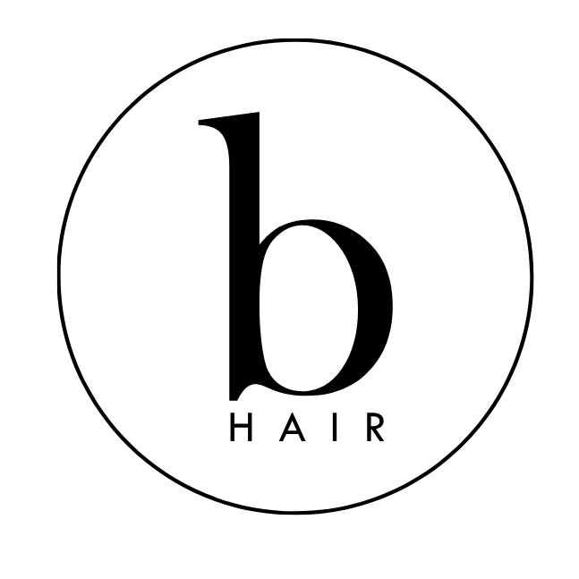 A minimalist black logo featuring a stylized lowercase 'b' inside a thin circular outline, with the text 'HAIR' beneath it, centered on a plain white background.