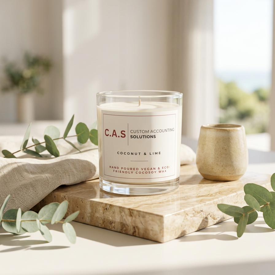 A glass jar candle labeled 'C.A.S'