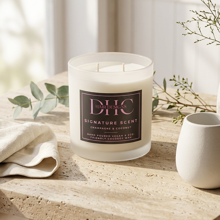 A white glass jar candle with a dark brown label reading 'DHC Signature Scent' sits on a light stone surface in a softly lit interior setting with folded fabric, small greenery, and a white vase nearby.