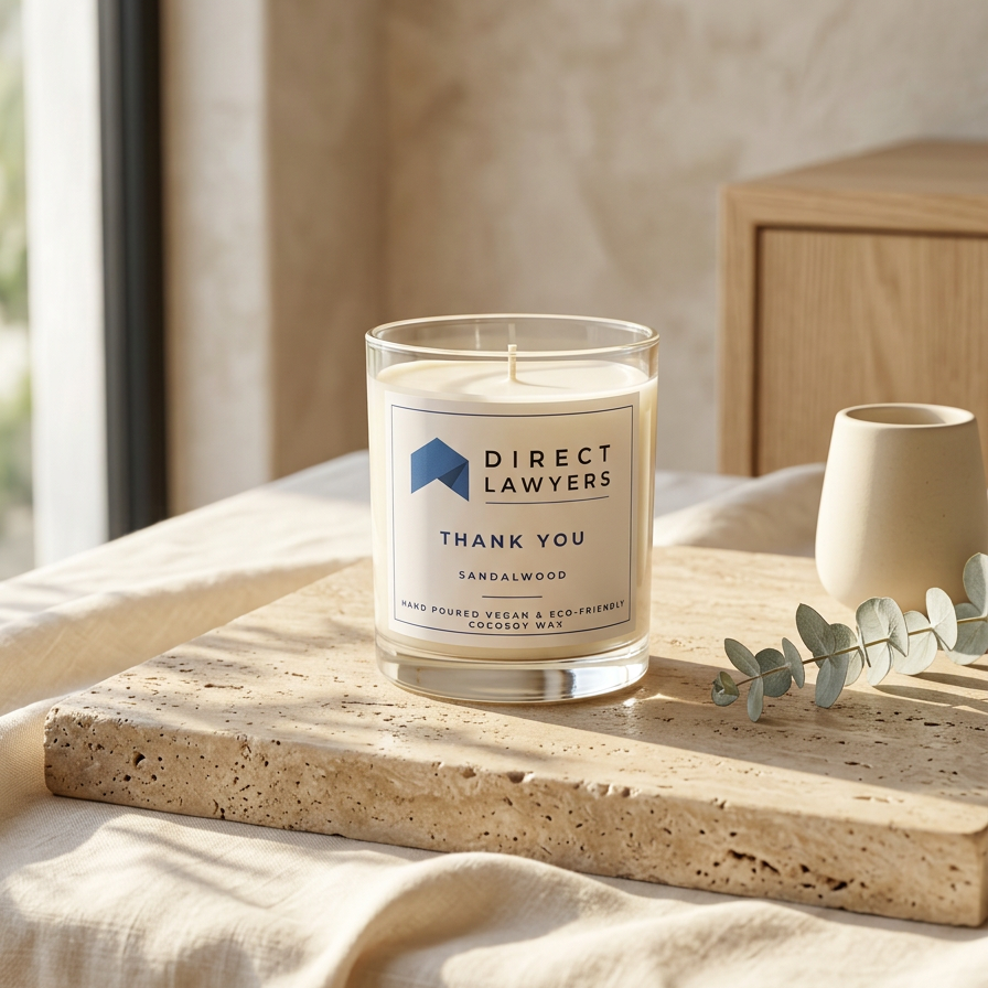A glass jar candle labeled Direct Lawyers Thank You sits on a stone tray draped with cream fabric, styled with a small ceramic vase and eucalyptus sprig in a softly lit interior setting.