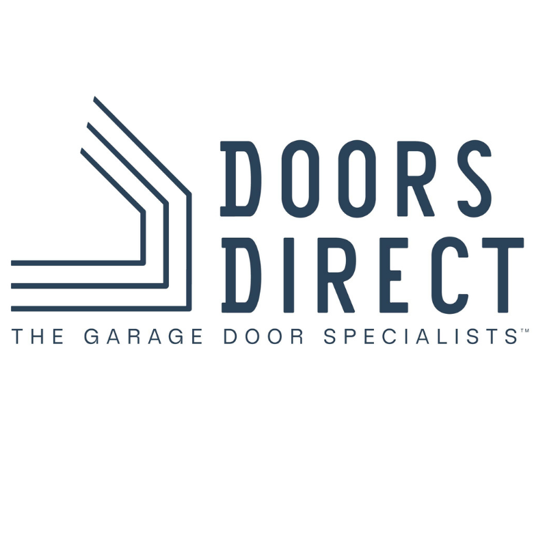 The Doors Direct logo in dark blue on a solid white background, featuring the brand name and a stylized garage door icon.