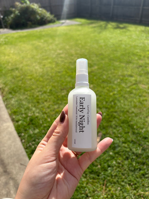 Early Night Roomspray- 100ml hand-poured vegan roomspray in clear glass bottle