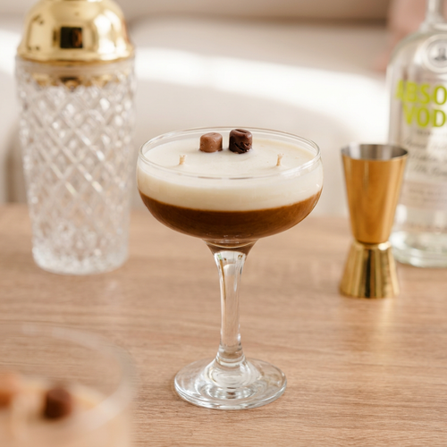Espresso Martini Cocktail Candle with props in the background