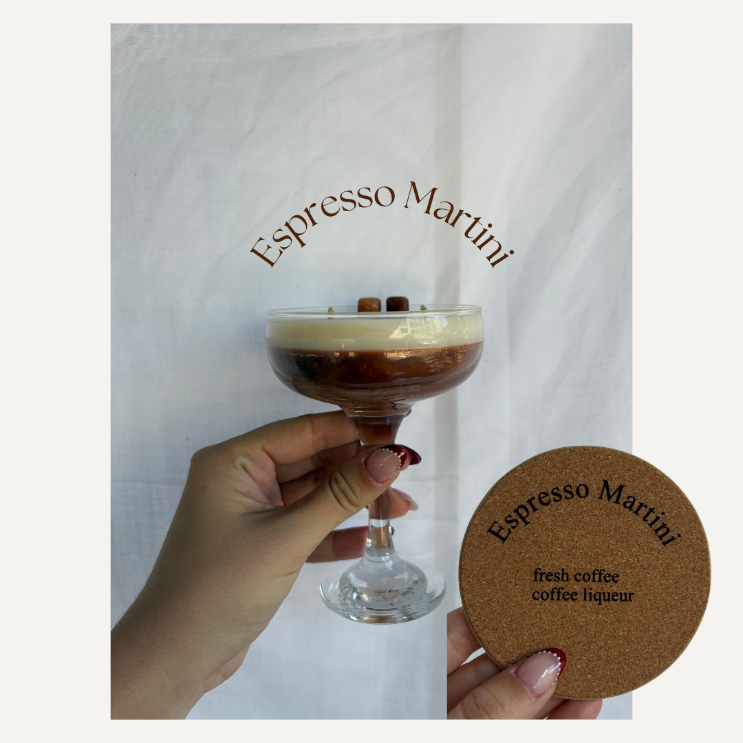 Espresso Martini Cocktail Candle Combo - 245ml hand-poured vegan cocosoy candle in clear cocktail glass