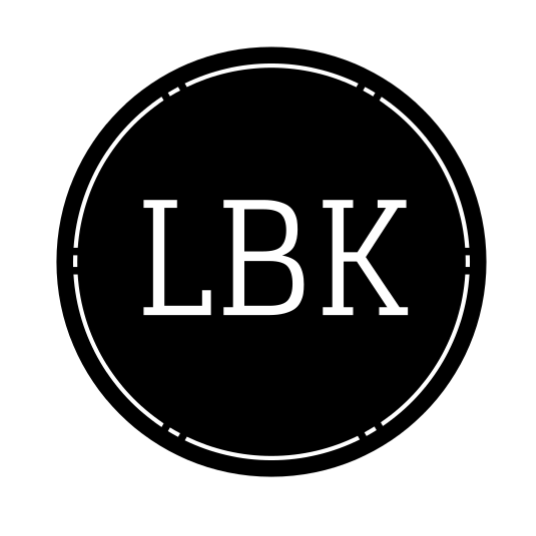 A minimalist black and white logo featuring a circular emblem with the letters 'LBK' in white on a black background, next to the word 'Lending' in black serif text, all centered on a solid white background.