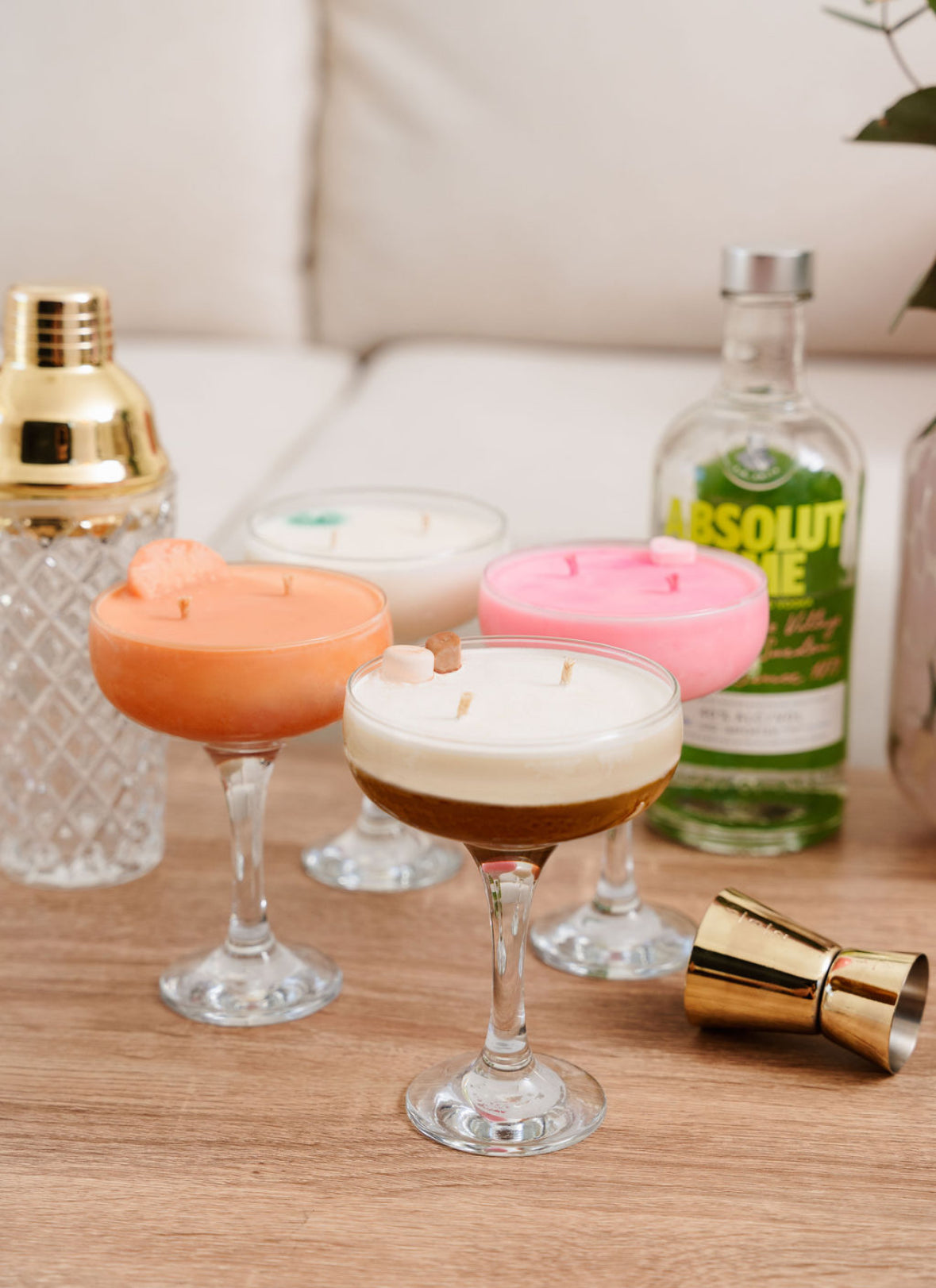 4 LoveTay Candles Cocktail Candles being the Espresso Martini Candle at the front, Sex on the Beach Candle on the left, LoveTay Cocktail Candle on the right hand side and the Mint Mojito Cocktail candle at the back. 