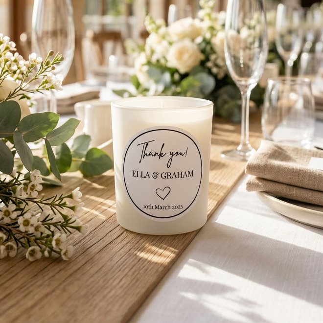 A personalized white candle sits on a decorated wedding reception table. The candle features a printed black circular label that reads 'Thank you! ELLA & GRAHAM' and '25th March 2025'.
