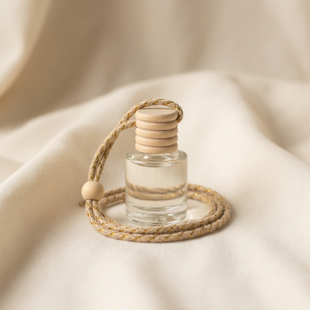 A clear glass reed diffuser bottle with a stacked wooden top and a braided beige rope loop, resting on soft cream fabric.