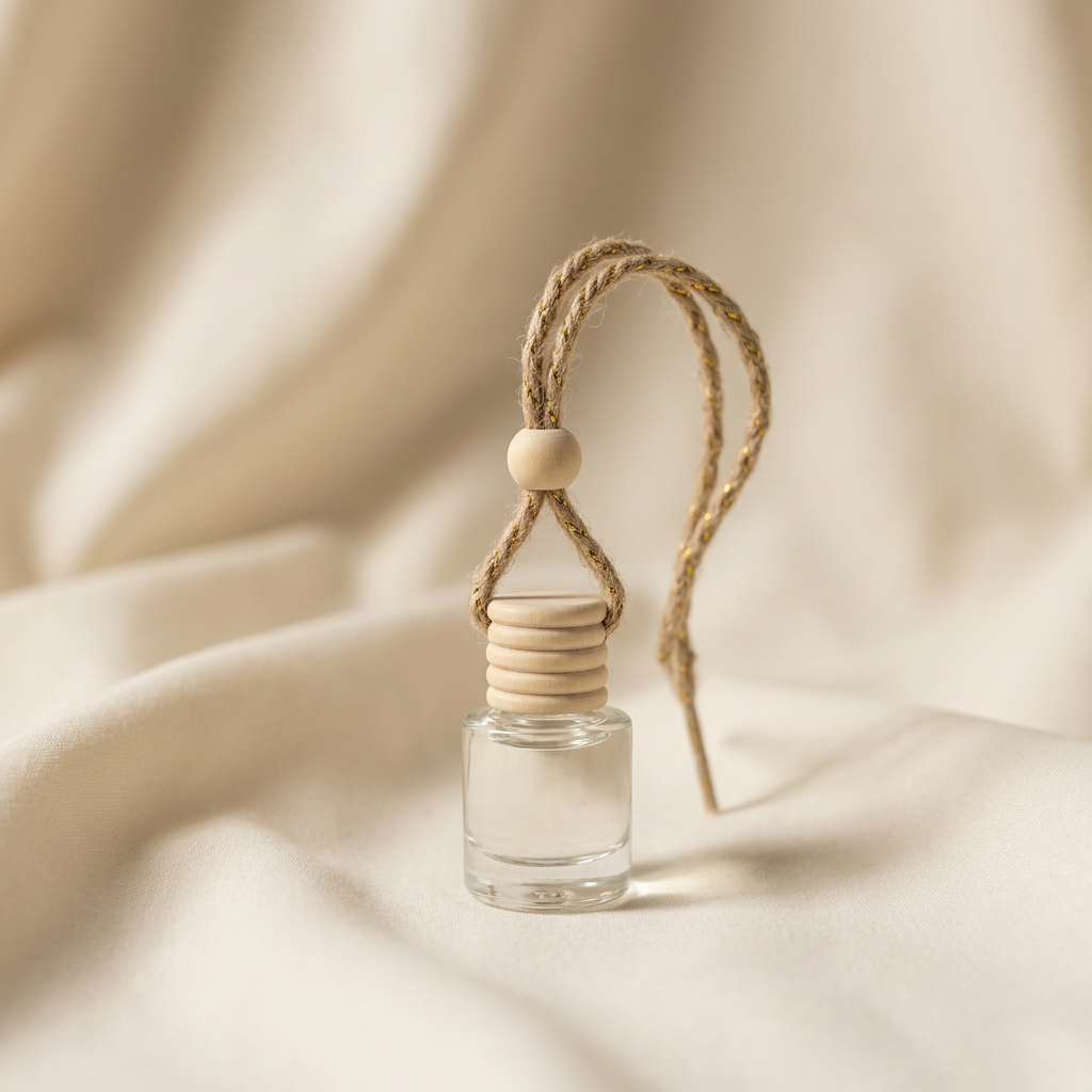 A small clear glass bottle diffuser with a light wood cap and a natural jute hanging cord, set against a soft beige fabric background.