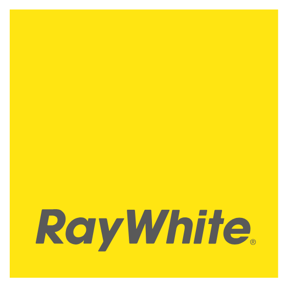 A square yellow RayWhite logo block with the brand name in dark gray text, centered on a plain white background.