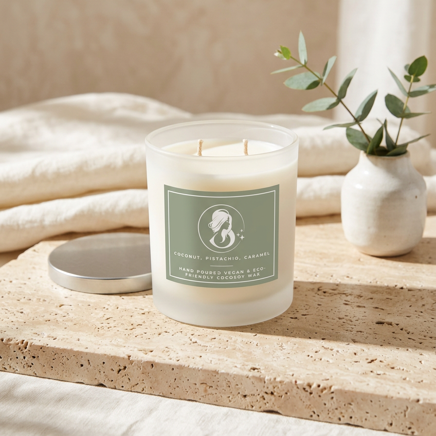 A frosted glass jar candle with two wicks sits on a stone surface beside its silver lid, with a small white vase of greenery and folded cream fabric in the background. The front label is sage green with a white mermaid illustration and text.