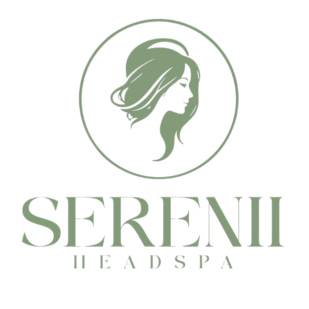 Serenii Headspa logo in sage green on a solid white background, featuring a circular silhouette of a woman with flowing hair above the text 'SERENII HEADSPA'.
