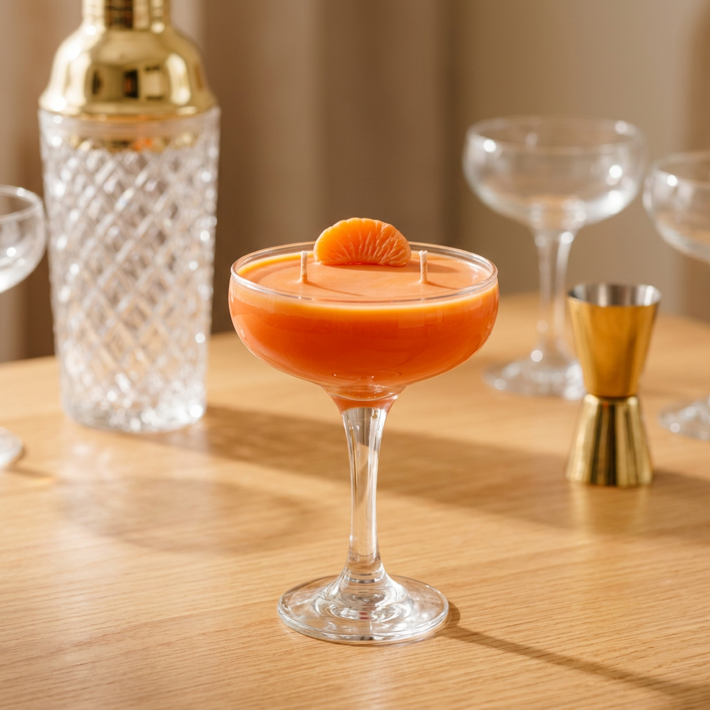 An orange cocktail in a coupe glass with a orange slice garnish, set on a wooden table with a shaker, coupe glasses, and a jigger in the background.