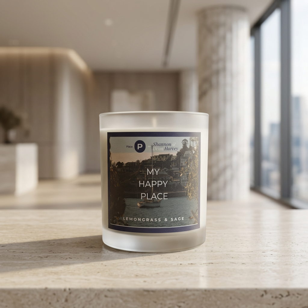 A frosted glass jar candle sits on a light stone countertop in a bright, modern interior. The candle has a square label with a scenic photograph and the text 'MY HAPPY PLACE' and 'LEMONGRASS & SAGE'.
