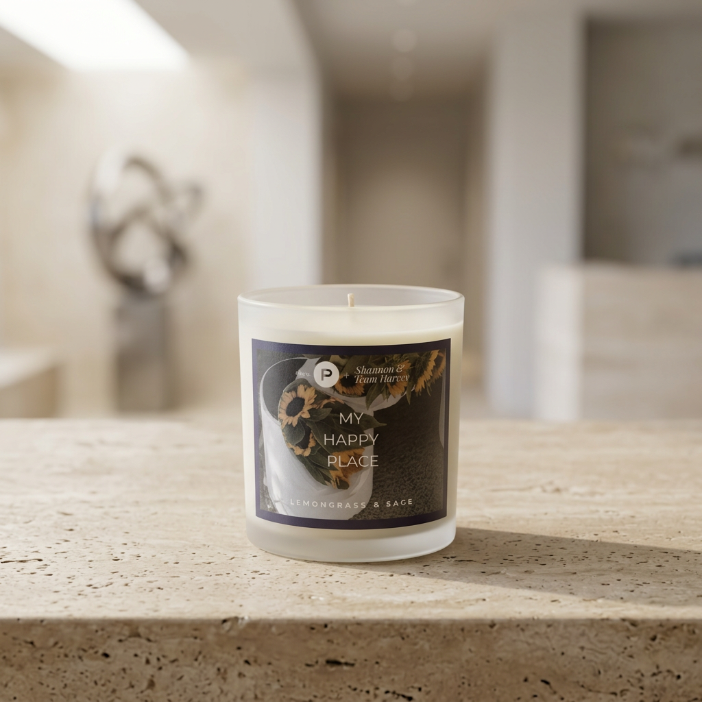 A frosted glass jar candle labeled 'My Happy Peace' by The Lemongrass & Sage, placed on a light beige stone surface with a softly blurred indoor background.