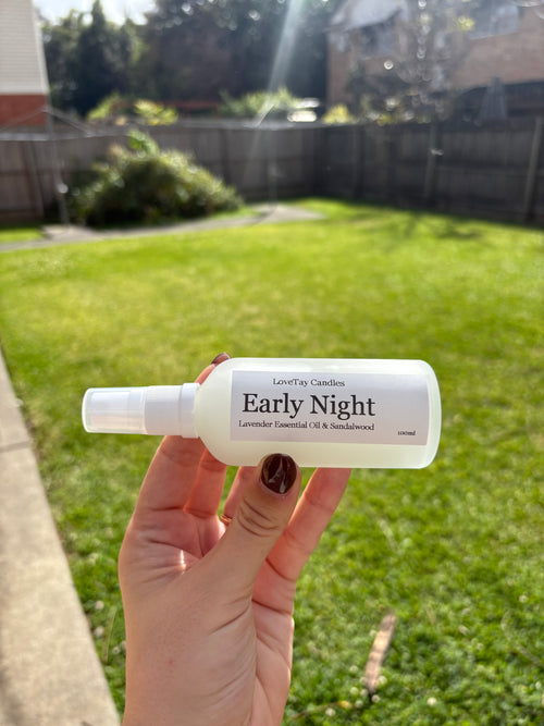 Early Night Roomspay - 100ml hand-poured vegan roomspray  in clear glass bottle