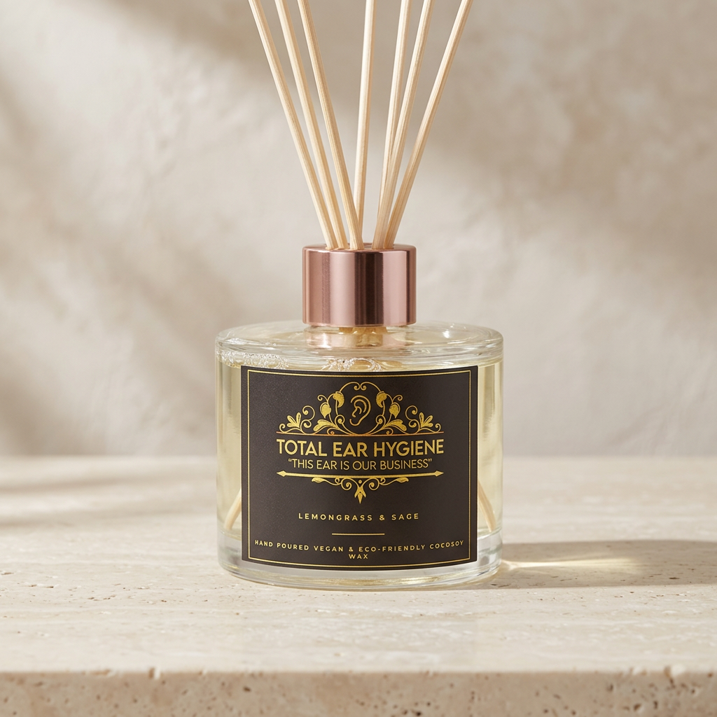 A clear glass reed diffuser bottle with a black label and gold lettering, reading 'Total Ear Hygiene The Ear Cleanse' and 'Lemongrass & Sage', with natural reeds in a metallic rose-gold cap, set on a light stone surface against a textured beige background.