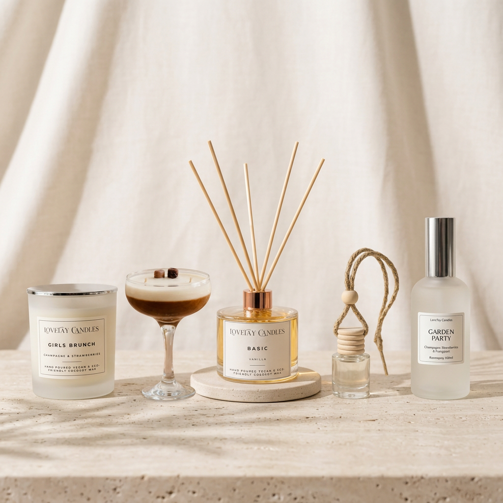 A styled collection of LoveTay Candles home fragrance products on a stone surface against a draped beige fabric backdrop. The set includes a Girls Brunch scented candle, a reed diffuser with a wooden reed stick and rose gold cap, a small reed diffuser bottle with a jute loop, and a Garden Party room spray with a silver cap.