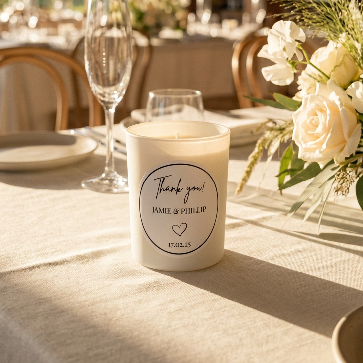 A personalized white candle with a cream-colored wax insert sits on a rustic dining table set with plates, a wine glass, and a white rose centerpiece in a warm, sunlit barn event space.